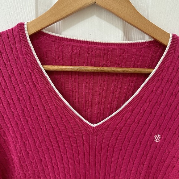 Ralph Lauren Active Cable Knit Sweater Womens Pink V Neck Long Sleeve Medium - Picture 6 of 9